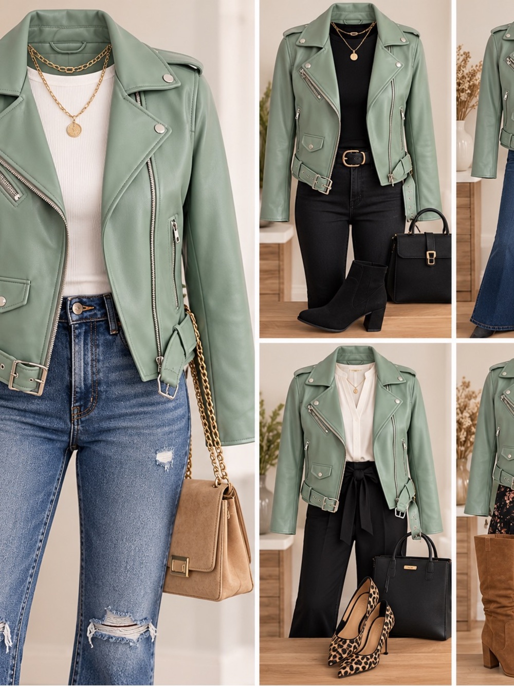 ZARA Sage Green Faux Leather Moto Biker Jacket – Women’s Medium